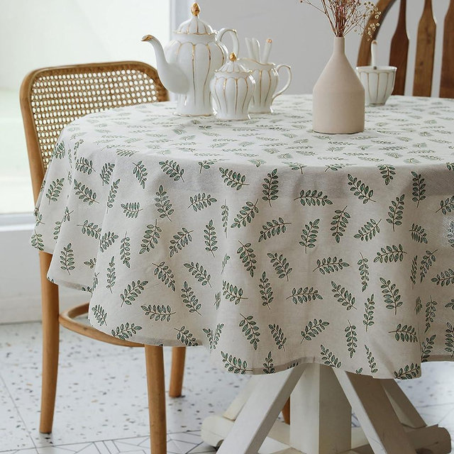 Pastoral Round Tablecloth - 60 Inch Dia. - Linen Fabric Table Cloth - Washable Table Cover with Dust-Proof Wrinkle Resistant for Restaurant, Picnic, Bistro, Indoor and Outdoor Dining, Green Leaf