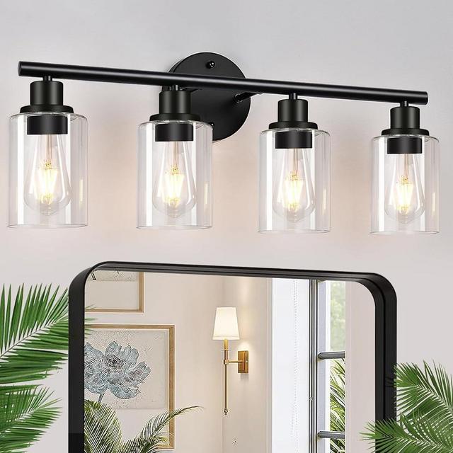 4-Light Bathroom Light Fixtures, Matte Black Modern Vanity Lights Over Mirror with Clear Glass Shade, Bathroom Wall Lamp for Mirror Kitchen Living Room Hallway Cabinet Porch Bedroom Reading room