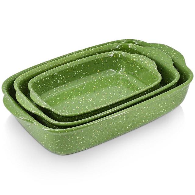 KROKORI Ceramic Baking Dishes for Oven,Heavy Duty Bakeware Dish Set of 3, Rectangular Casserole,Lasagna Pan Deep,High Heat Resistant,Glazed Handcraft Speckle Series (13.8''/12''/9.6''Green)
