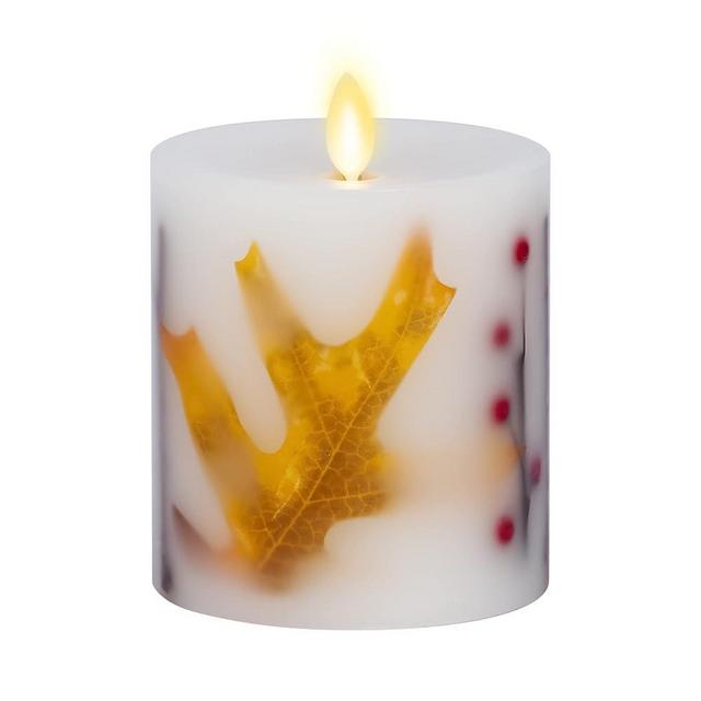 Luminara Flameless LED Candle Orange Leaf Embedded Real Wax Moving Flame Pillar Unscented with Recessed Edge, Timer (3.5 x 4.5 inch)