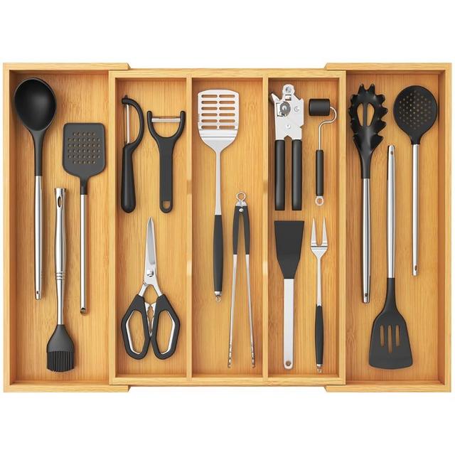 Lifewit Utensil Organizer for Kitchen Drawer, Expandable Cooking Utensil Tray, Bamboo Cutlery Silverware Flatware Holder, Adjustable Spatula Tools Gadget Storage Divider, 28 x18.5 x 2 inches, Natural