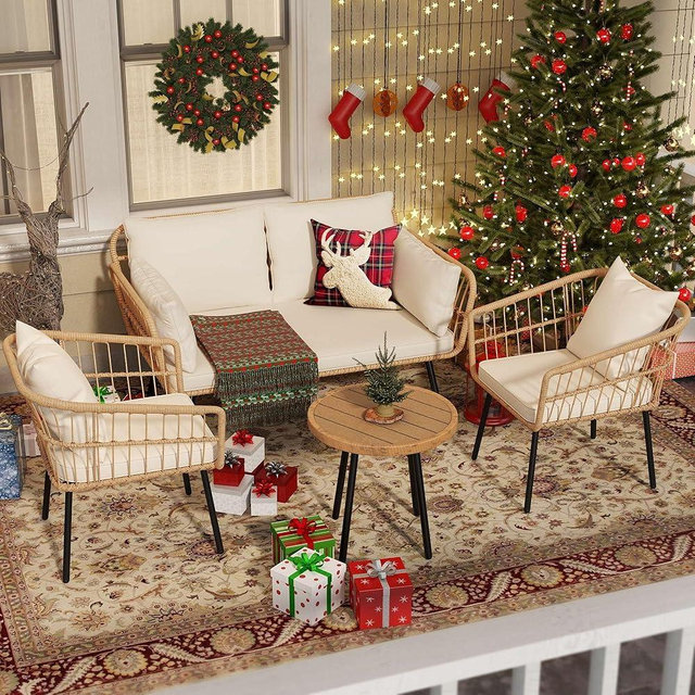 YITAHOME 4-Piece Wicker Patio Furniture Set, All-Weather Rattan Conversation Set, Outdoor Balcony Bistro Set with Loveseat Chairs Table Soft Cushions for Backyard, Pool, Deck, Garden - Beige