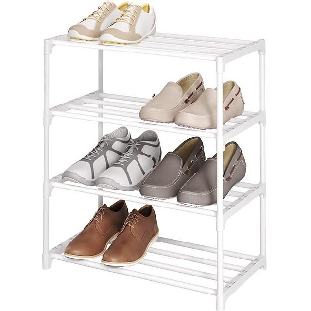 SOKOSEN 4-Tier Small Shoe Rack, Metal Stackable Kids Shoe Shelf Storage Zapateras Organizer ,Narrow Shoe Rack Sturdy Footwear Freestanding Shelf for Closet Hallway Entryway Living Room Bedroom（White）