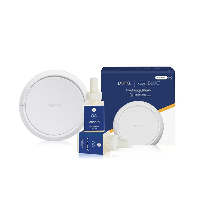 Capri Blue x Pura 5 - Smart Fragrance Diffuser Plug in Kit - Includes 1 Pura Diffuser + 2 Fragrance Refill Vials - Long Lasting Scents - Set schedules, timers, and More in the app (Volcano)