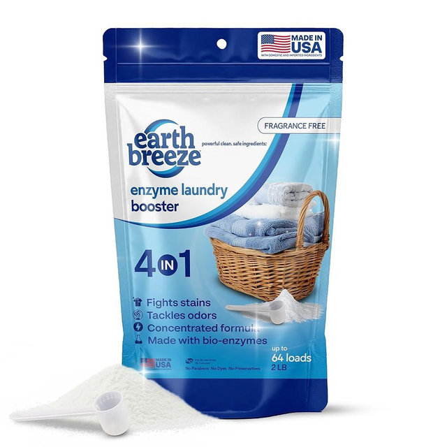 Earth Breeze Enzyme Laundry Booster Powder – 2lbs (64 Loads) - Powerful 4-in-1 Bio-Enzyme Formula Deep Cleans, Tackles Odors, Fights Stains and Brightens Whites - No Harsh Chemicals – Made in USA