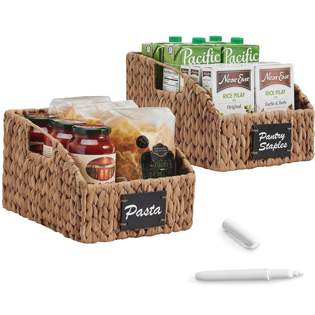 Best Choice Products Pantry Baskets for Organizing, Wicker Basket w/Built-in Handles, Handwoven Wicker Storage Baskets for Shelves, Water Hyacinth, 2-Pack - Chestnut