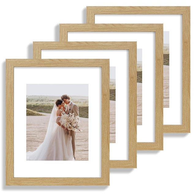 Hongkee 11x14 Picture Frame Set of 4, Made of Glass and Natural Oak Wooden Frame, Display 8x10 Pictures with Mat or 11 x 14 Posters without Mat for Wall Mounting, Gallery Photo Frames