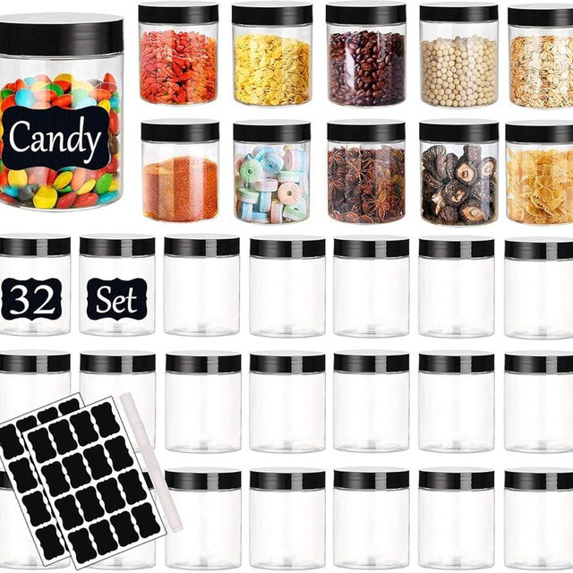 Hajoyful Plastic Jars with Lids Empty Slime Cosmetics Containers Clear Gift Food Jars Round PET Cream Jar with Black Lids Pen Labels for Kitchen Storage Spices Dry Food Body Butter Making(8OZ 32PCS)