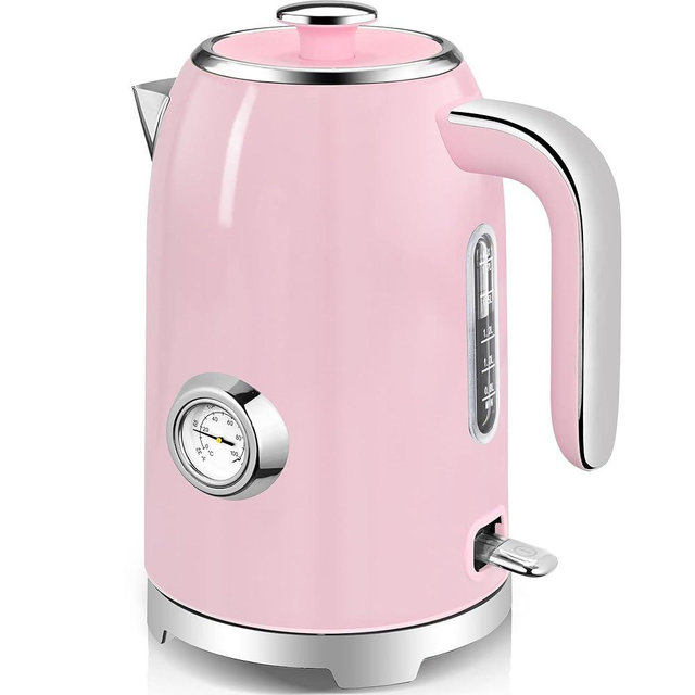 SUSTEAS Electric Kettle - 57oz Hot Tea Water Boiler with Thermometer, 1500W Fast Heating Stainless Steel Pot, Cordless LED Indicator, Auto Shut-Off & Boil Dry Protection, Pink