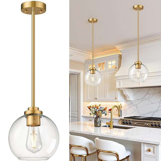 2 Pack 7.2-Inch Globe Pendant Lights, Mid Century Gold Pendant Light Fixtures, Globe Pendant Lights Kitchen Island with Clear Glass Shade Adjustable Hanging Fixture for Dining Room Bulbs not Included