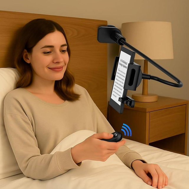 Kindle Holder with Remote Page Turner - Read in Bed Without Blocking Text or Adjusting Margins - Reduce Neck Strain - Quiet Page Turning for Kindle, iPad, iPhone