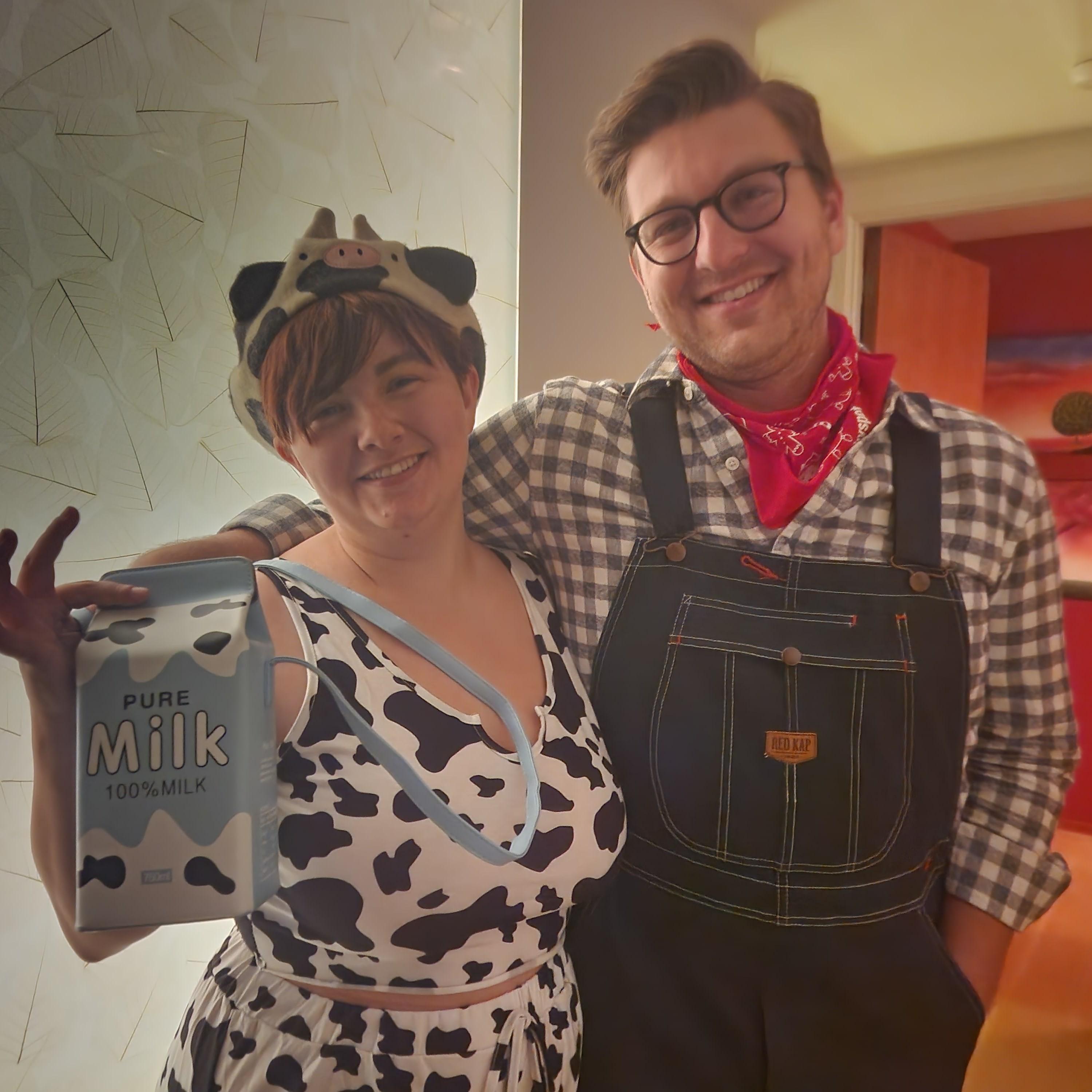 Dressed as a cow and a farmer for Halloween