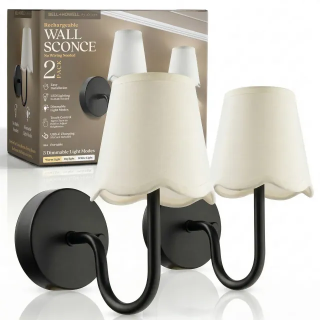 Bell + Howell Wall Light Black 2 Pack Rechargeable LED Wall Sconces Cordless Dimmable Touch Control Lights