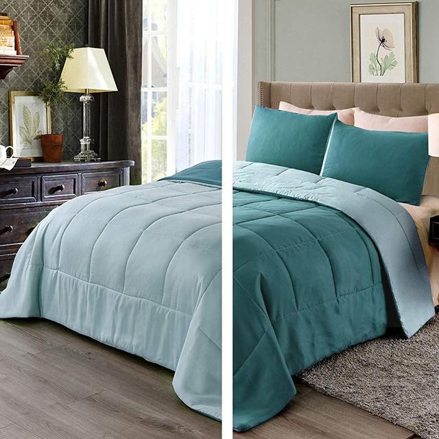 Exclusivo Mezcla Lightweight Reversible 3-Piece Queen Size Comforter Set for All Seasons, Down Alternative Comforter with 2 Pillow Shams, Turquoise