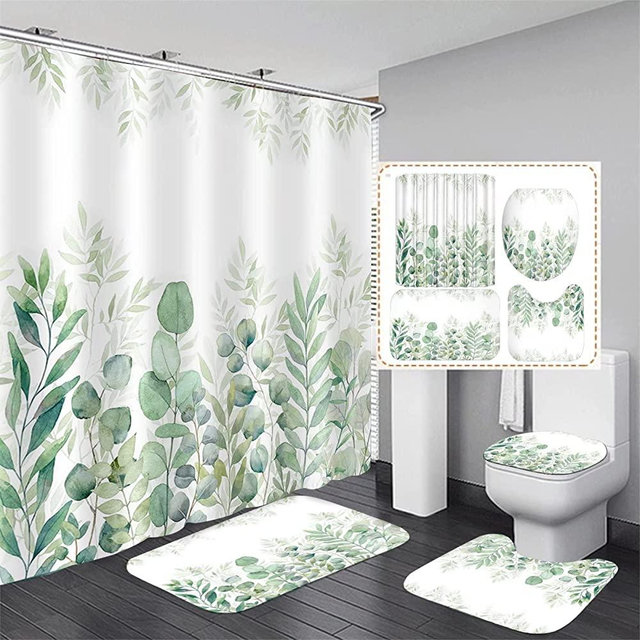 DDQQ Green Leaves Shower Curtain Sets with Non-Slip Rug, Toilet Lid Cover and Bath Mat, Plant Leaves Shower Curtain Sets with 12 Hooks, Durable Waterproof Shower Curtain for Bathroom Set Decor