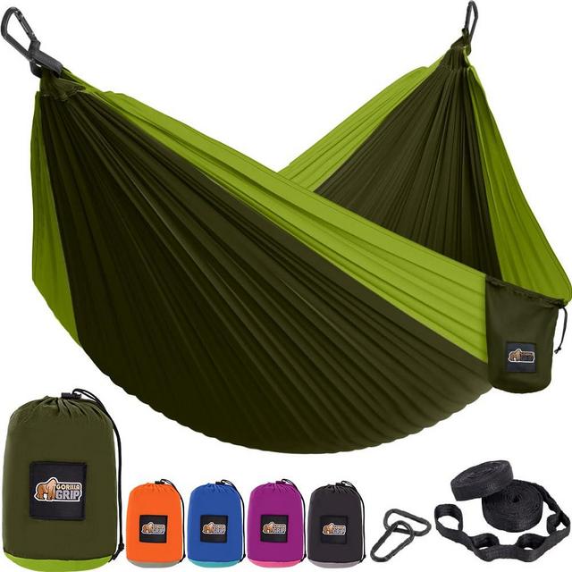 Gorilla Grip Durable Portable Camping Hammock, Holds 400lbs with Heavy Duty Tree Straps, Comfortable Travel Swing, Camp Hammocks, Easy to Use and Install, Outdoor Essentials, Green, 10x6.5 FT