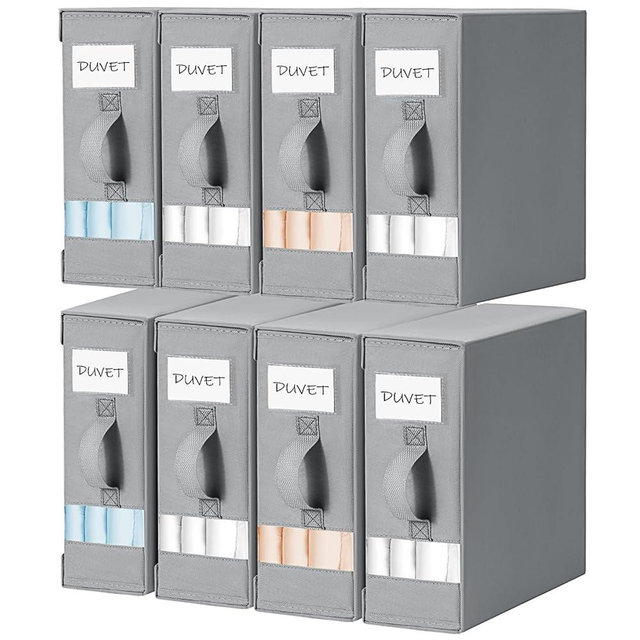 DIMJ Bed Sheet Organizers and Storage 8 Pack - Foldable Sheet Holder for Linen Bedding Storage Box for organization, Sheets Set Holder for Blanke, Towel (King & Queen Size), Grey