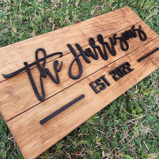 Personzalized 3D Style Effect Wood Sign for Easy Customization and Family Name Wedding Gift (Black Text - Golden Stain)