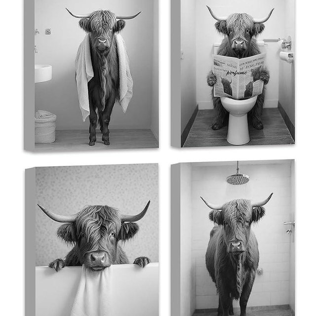 Funny Highland Cow Bathroom Wall Art Framed Black and White Rustic Cute Canvas Prints for Restroom Decor 8x10inx4pcs (Framed)