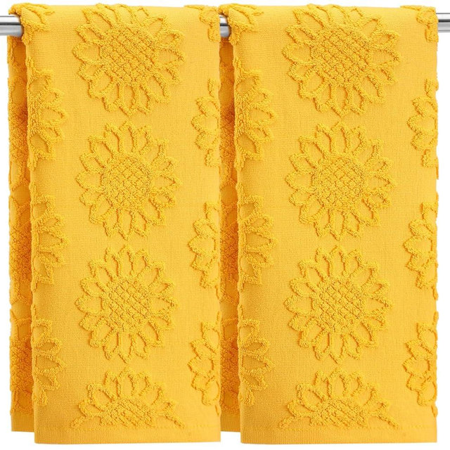 SmoothNovelty 2 Pcs Sunflower Hand Towels for Bathroom 100% Cotton Jacquard Weave Bath Towel Set Soft Absorbent Dish Washcloth for Bathroom Kitchen Summer Theme Gifts 13.8 x 29.5 Inch (Yellow)