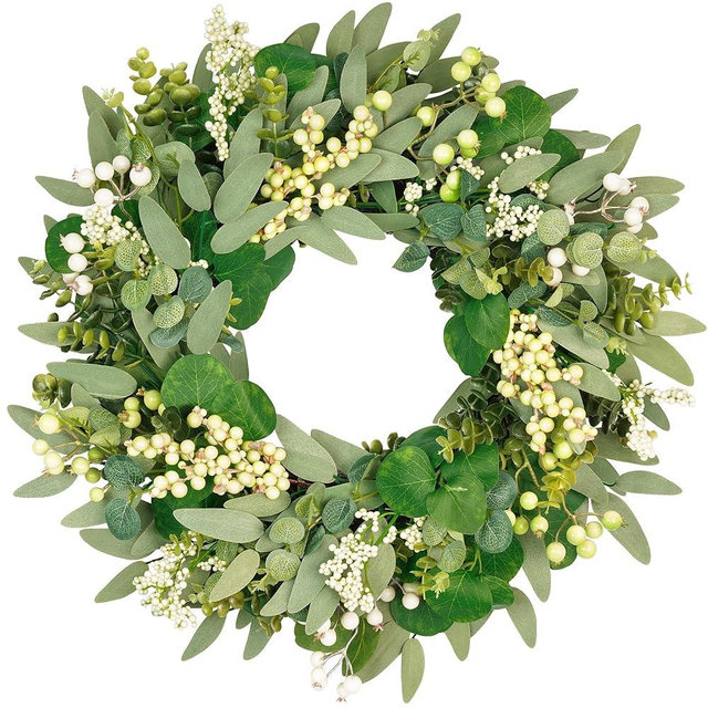 Vlorart 22 Inch Artificial Spring Summer Christmas Greenery Wreaths for Front Door Green Eucalyptus Leaf Wreath Decor Boxwood with Big Berries for Outside Year Round