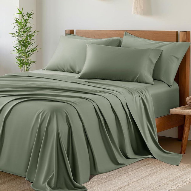 Shilucheng 6-Piece Sheets Set，Blend of Rayon Derived from Bamboo_ Sheets, Cooling & Breathable Bed Sheets, Silky Bedding Sheets & Pillowcases, 16 Inch Deep Pockets (King,Sage Green)