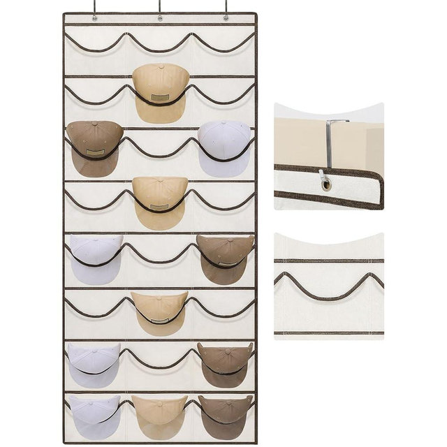 LoforHoney Home Hat Organizer for Baseball Caps with 24 Pockets, Over The Door Hat Rack for Baseball Caps, Hat Rack for Door with 3 Hooks, Hanging Hat Storage for Caps with Clear Pockets, Beige