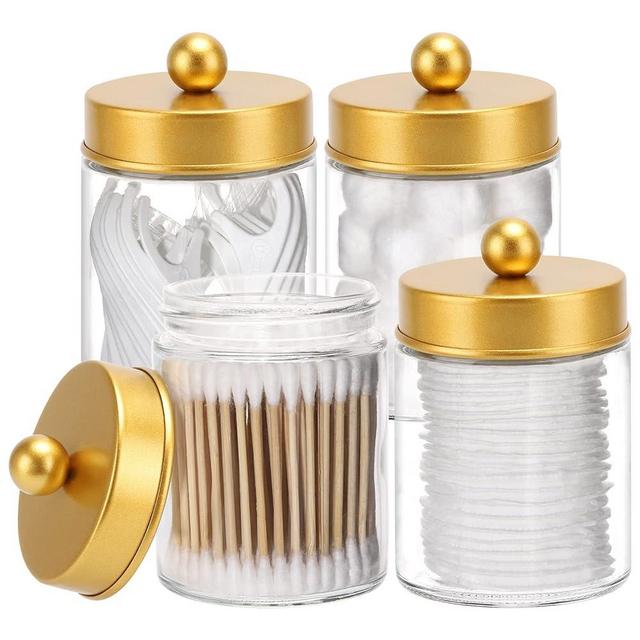 Tbestmax 4 Pack Glass Qtip Holder Dispenser, 10-Ounce Restroom Bathroom Organizers and Storage Containers, Apothecary Jars with Metal Lids for Cotton Ball Swab Pad, Gold