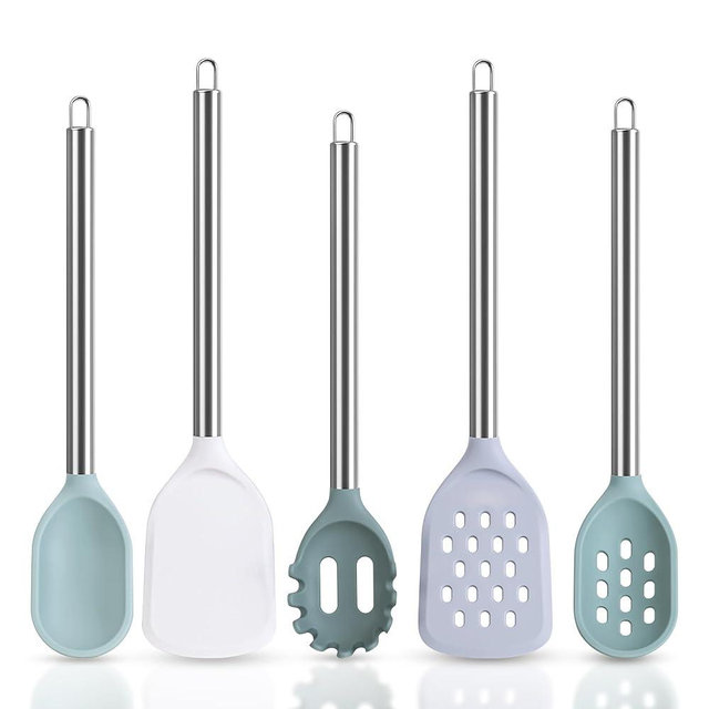 5-Piece Silicone Kitchen Utensils Set Non Toxic, Heat-Resistant & Non-Stick with Stainless Steel Handles, BPA-Free Silicone Cooking Utensils, Slotted Turner, Solid Spoon, Pasta Server, Dishwasher Safe