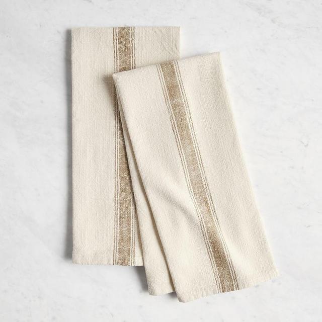 French Striped Organic Cotton Grain Sack Tea Towels, Set of 2 - Amber/Flax