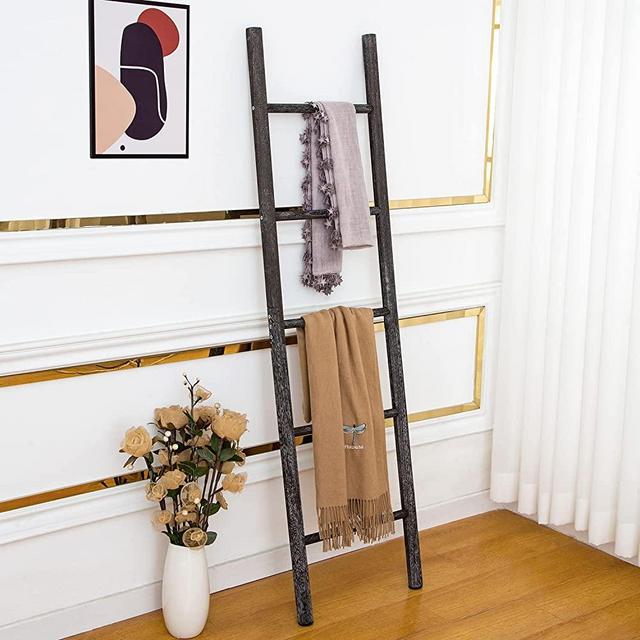 Mhiiuwu Premium Modern Paulownia Wood Blanket Ladders,Farmhouse Towel Quilt Blanket Ladder Holder Rack, Decorative Wooden Ladder for The Living Room,Bathroom,Black