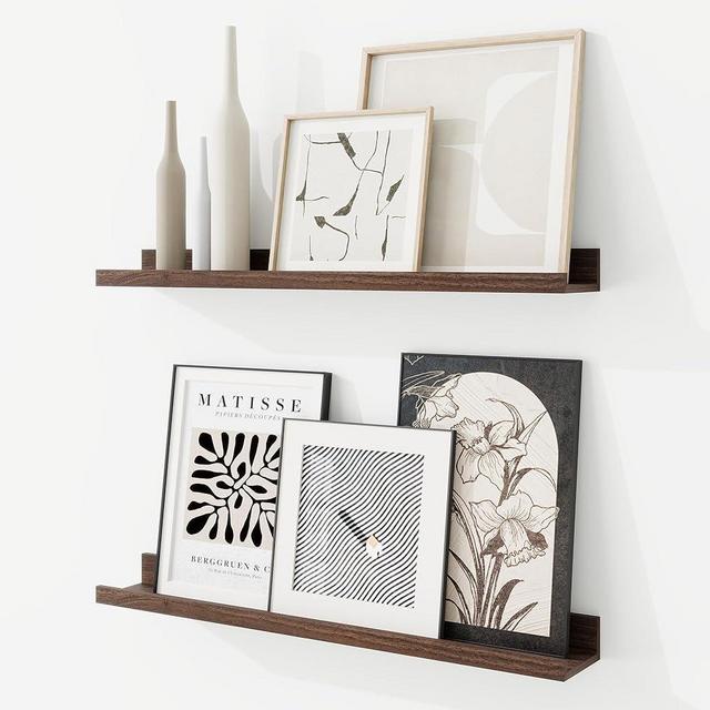 RICHFOCUS Picture Ledge Shelf, 24 inch Floating Shelves Set of 2, Wood Wall Shelves with Lip, Wall Decor Storage for Bedroom Living Room Bathroom Kitchen Nursery Photo Picture, Walnut