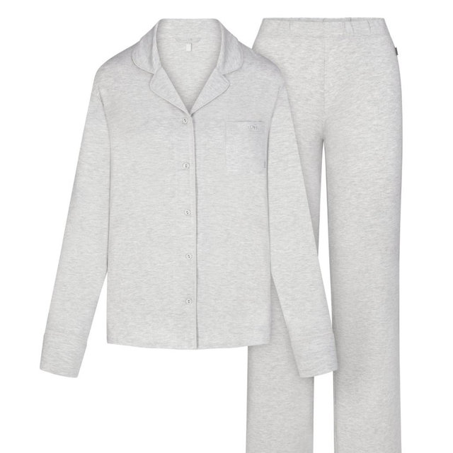 SKIMS SLEEP LONG SLEEVE BUTTON UP SET | LIGHT HEATHER GREY