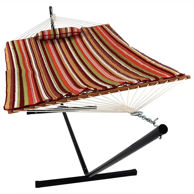 Sunnydaze Striped Rope Hammock with Stand in Orange