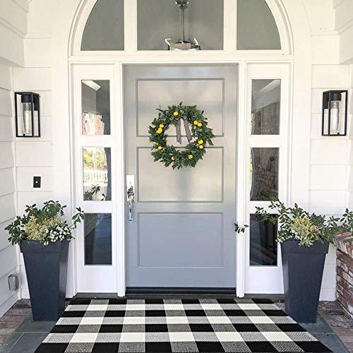 Cotton Buffalo Plaid Rug Black/White Check Rugs 27.5 x 43 Inches Washable Hand-Woven Outdoor Rugs for Layered Door Mats Porch/Kitchen/Farmhouse