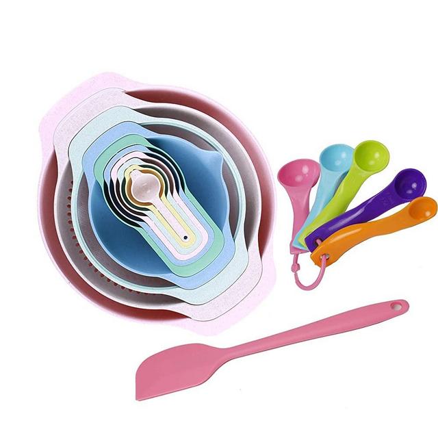 YOUCC 10 Piece Stackable Mixing Bowls Set with Handle Pour Spout Nesting Kitchen Bowls Set with Measuring Cups Spoons Sieve Colander Drain Bowl Baking Set Wheat Straw Plastic for Salad Cooking Baking