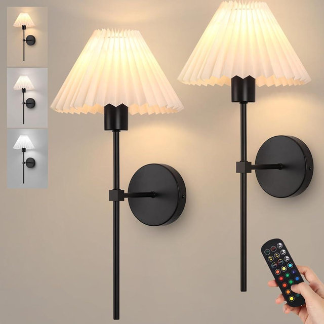 Rechargeable Battery Operated Wall Sconces Sets of 2, 15 Colors Wireless Wall Sconce, Black Wall Lights Fixture with Dimmable Bulbs and Remote, Not Hardwired Wall Mounted Lamps for Bedroom Living Room