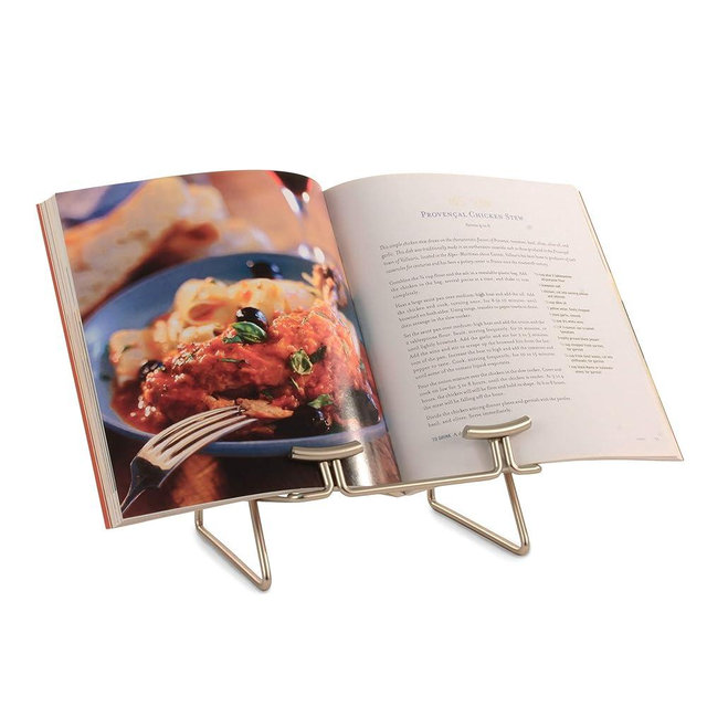 Spectrum Cookbook Stand for Kitchen Counter Tops Modern Recipe Book Holder Satin Nickel, Angled Elevated Steel Recipe Organizer for Displaying Cook Books and Tablet Recipes in Kitchen Dining Room