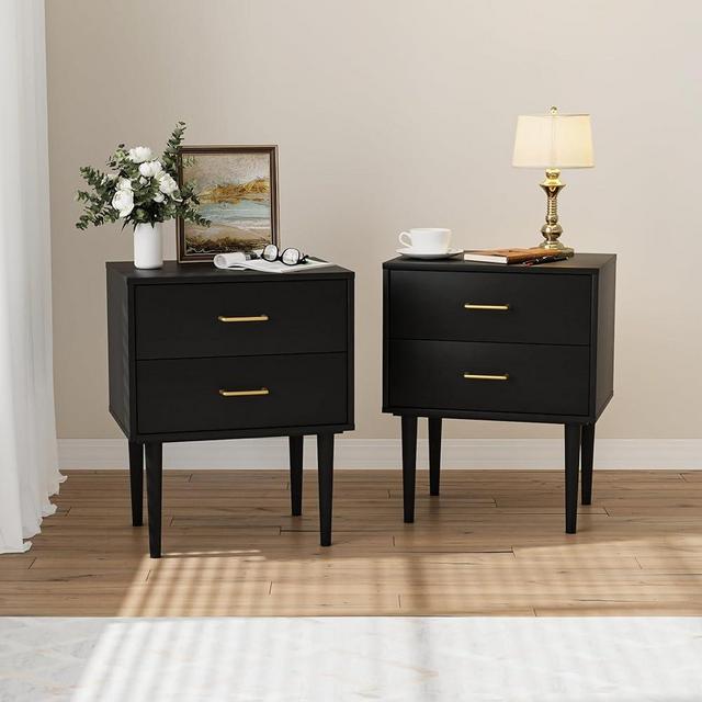 Morwdxef Modern Black Bedside Cabinet with Metal Handles | 2-Drawer Nightstand Set of 2, Solid Wood Legs & Metal Slides for Bedroom Living Room