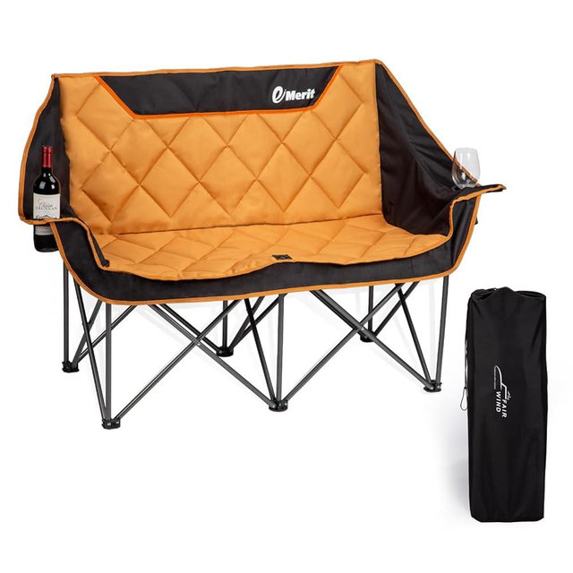 EMERIT Oversized Double Duo Camping Chair Folding Camping Loveseat 2 Person Camping Couch Heavy Duty Lawn Chairs for Outside with Padded Seats & Armrests-Support 650LBS
