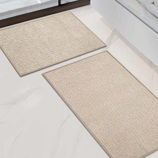 chakme Bathroom Rug Sets 2 Piece, Ultra Thin Bath Rug Set Quick Dry Bath Mat, Absorbent Bath Mat for Bathroom Non Slip Machine Washable, (Light Beige)