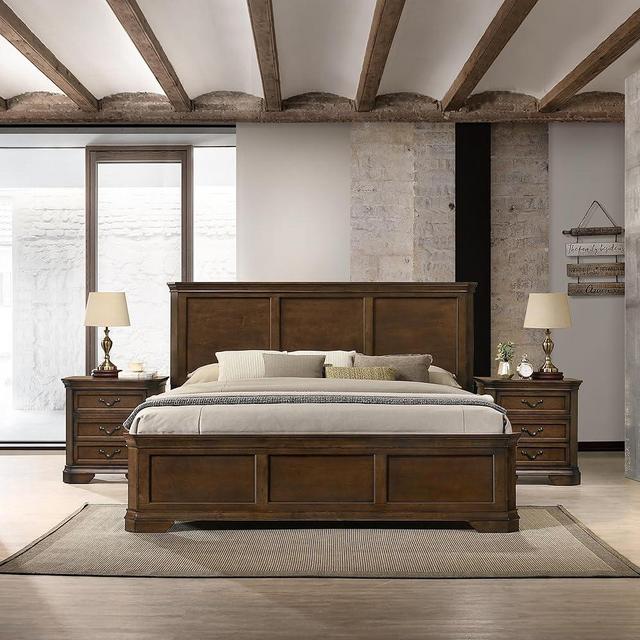 Roundhill Furniture Maderne 3-Piece Bedroom Set with Queen Size Panel Bed and Two Nightstands, Antique Walnut Finish