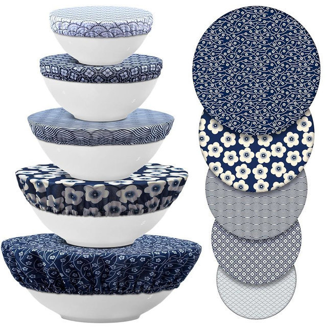 Patelai 10 Pcs Bowl Covers Reusable in 5 Size Stretch Cloth Fabric Elastic Food Storage Bowl Covers Bread Sourdough Lids for Proofing Food Fruits Leftover(Blue White,Geometric Style)