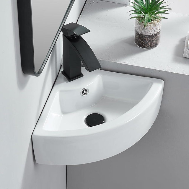 Wall Mount Corner Sink Bathroom, VAPSINT Small Ceramic Wall Mounted Bathroom Vessel Sinks with Single Hole & Overflow, White Mini Wall Hung Bathroom Sink for Tini Half Bath, Powder Room & Small Space
