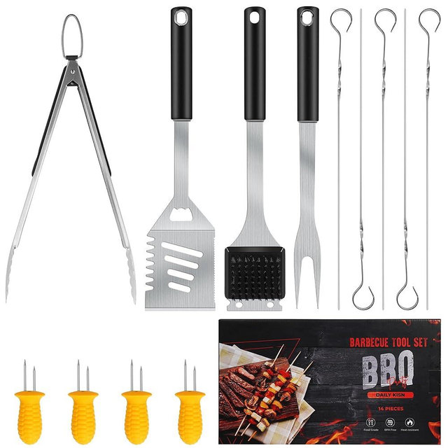 Grill Accessories Kit, Stainless Steel Grill Tool Set with 4-in-1 BBQ Spatula, Fork, Tong, Brush, Skewers, Silicone Corn Holders, Grilling Gift Set for Men and Women