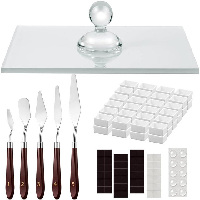 Nuanchu 109 Pcs Watercolor Paint Muller Set Glass Paint Muller Slab, Drawing Knives and Watercolor Half Pans with Magnetic Stripe for DIY Oil Acrylic Drawing(2.95'' in Dia)