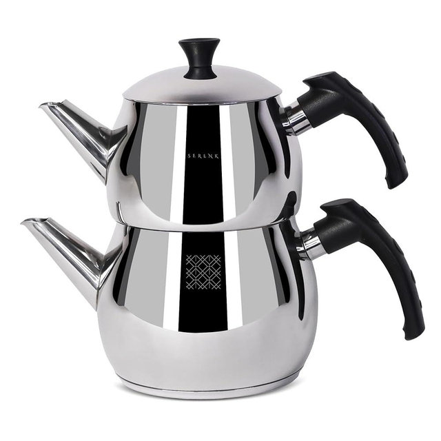 Serenk Stainless Steel 3 qt(101 fl oz) Turkish Tea Pot Sets With Lids And NonSlip Bakelite Handles For All Stove Type Turkish Tea Maker Two Pots With Termo Capsuled Induction Base (Black Small)