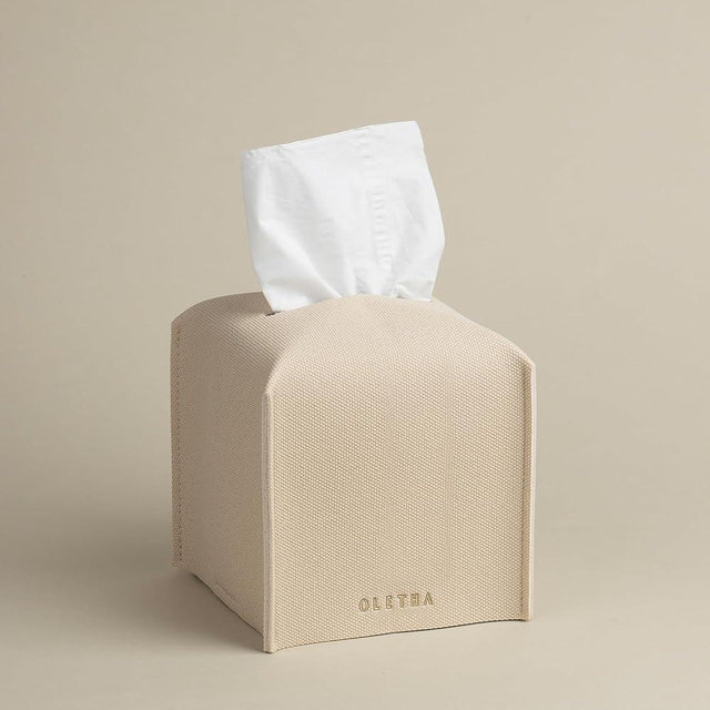 OLETHA Square Tissue Box Cover - Aesthetic Modern Farmhouse Decor for Room, Home & Office - Tissues Cube Boxes Holder - Canvas Grain, Greige