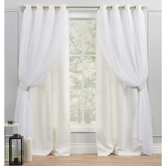 Exclusive Home Catarina Layered Solid Room Darkening Blackout and Sheer Grommet Top Curtain Panel Pair, 52"x96", Vanilla