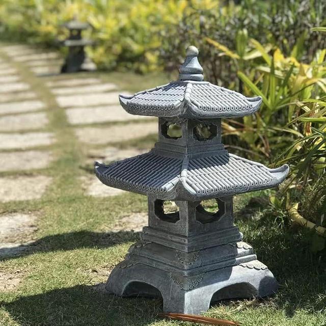 Buokaiw Outdoor Zen Garden Lantern - 2 Tier Pagoda Garden Statue, Stone Lantern, Japanese Style for Zen Lawn Garden Decoration and Christmas Ornament (Dark Gray)